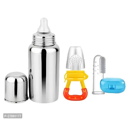 Nonababy Stainless steel milk feeding bottle for kids, boys and girls, 304 Grade, With Baby fruit nibbler and baby Finger brush (Pack of 3)
