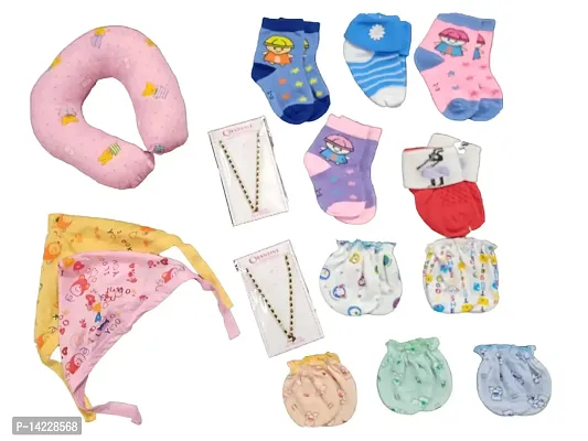 New Born Baby 5 Pair of Leg Socks, 5 Hand Socks, 2 Head Caps, 2 Nazzar Manka, 1 Neck Pillow(Set of 15 Items, 0-10 Months)-thumb0