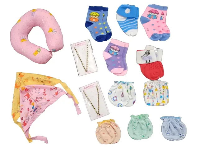 New Born Baby 5 Pair of Leg Socks, 5 Hand Socks, 2 Head Caps, 2 Nazzar Manka, 1 Neck Pillow(Set of 15 Items, 0-10 Months)