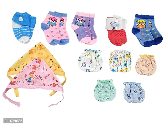 New Born Baby 5 Pair of Leg Socks, 5 Hand Socks, 2 Head Caps(Set of 12 Items, 0-10 Months)-thumb0