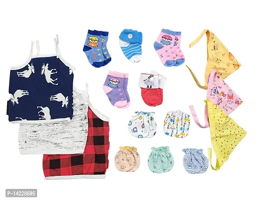 New Born Baby 5 Pair of Leg Socks, 5 Hand Socks, 3 Head Caps, 3 Jhabla with Knots(Set of 16 Items, 0-10 Months)