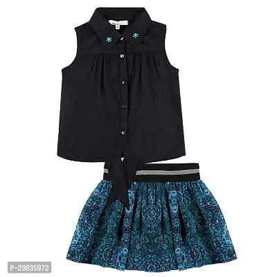 Black Rayon Top With Printed Skirt