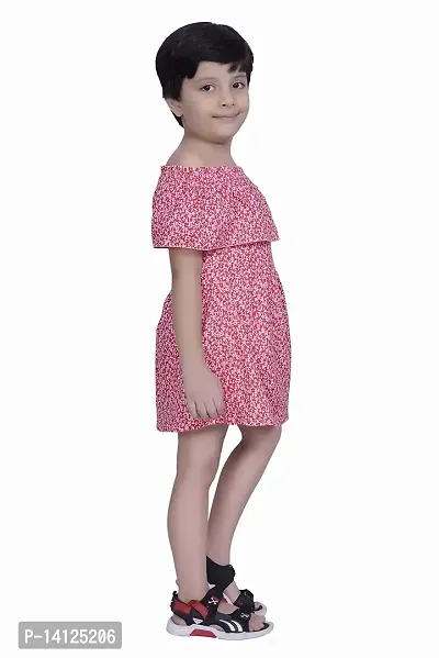 ShopperTree Pink Printed Cold Shoulder Dress for Girl's-thumb3