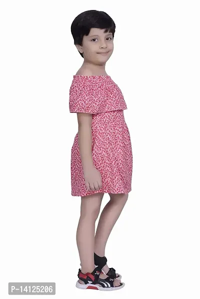 ShopperTree Pink Printed Cold Shoulder Dress for Girl's-thumb4