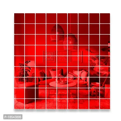 Spectro Big Square 50 (Each Piece Size 10 cm), Mirror Stickers for Wall, 3D Acrylic Mirror Wall Stickers for Home  Office, Bedroom, Living Room, Wall, Ceiling, Color : Red-thumb0