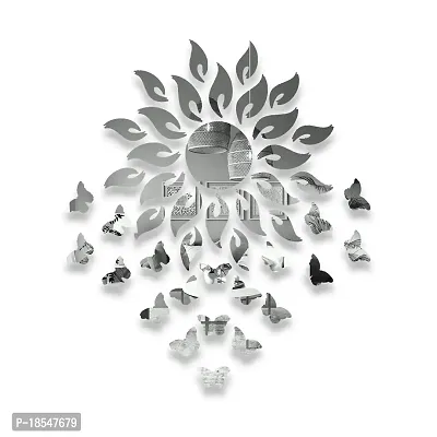 Spectro Sun with 20 Butterfly (Sun Size 45 cm x 45 cm), Mirror Stickers for Wall, 3D Acrylic Mirror Wall Stickers for Home  Office, Bedroom, Living Room, Wall, Ceiling. Color : Silver