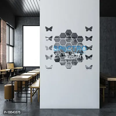 Spectro Hexagon Mirror Stickers for Wall, Hexagon Mirror Wall Stickers, Acrylic Mirror Wall Decor Sticker, Hexagonal Mirror Wall Sticke, Kitchen with 10 Butterfly Stickers Pack of 20-thumb2