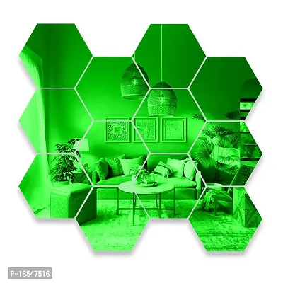 Spectro Big 12 Hexagon Black (Each Piece Size 17.3 cm x 15.2 cm) Mirror Stickers for Wall, Hexagon Mirror Wall Stickers Color : Green