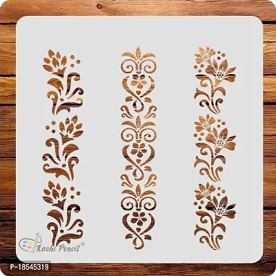 Kachi Pencil Floral Border New Design Set of 3 Craft Stencil for Art and Painting, Size 6x6 inch Reusable Stencil for Painting, Fabric, Glass, Wall Painting, and Craft Painting