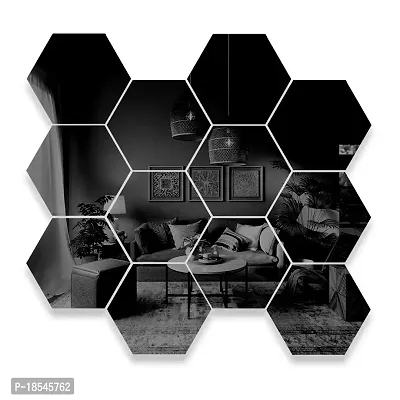 Spectro Big 12 Hexagon Black (Each Piece Size 17.3 cm x 15.2 cm) Mirror Stickers for Wall, Hexagon Mirror Wall Stickers Color : Black