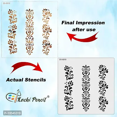 Kachi Pencil Floral Border New Design Set of 3 Craft Stencil for Art and Painting, Size 6x6 inch Reusable Stencil for Painting, Fabric, Glass, Wall Painting, and Craft Painting-thumb4