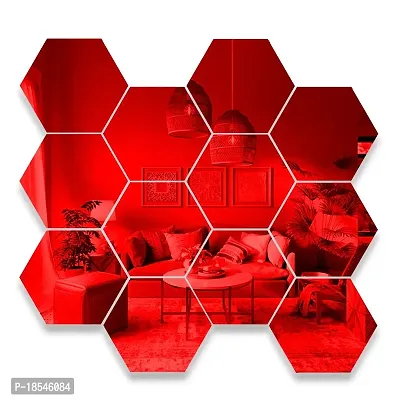 Spectro Big 12 Hexagon Black (Each Piece Size 17.3 cm x 15.2 cm) Mirror Stickers for Wall, Hexagon Mirror Wall Stickers Color : Red