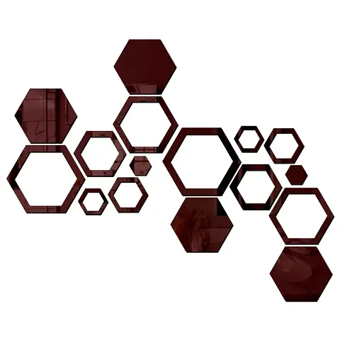 Spectro 4 Hexagon and 12 Hexagon Shapes Different Size Golden Mirror Stickers for Wall