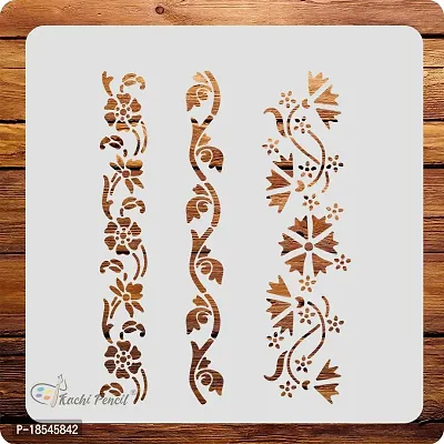 Kachi Pencil Floral Border Design Set of 3 Stencils for Art, Craft and Painting, Size 6x6 inch Reusable Stencil for Painting, Fabric, Glass, Wall Painting, and Craft Painting