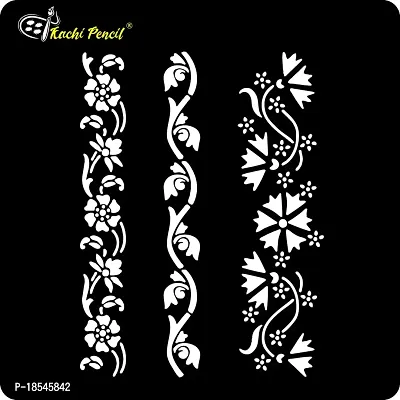 Kachi Pencil Floral Border Design Set of 3 Stencils for Art, Craft and Painting, Size 6x6 inch Reusable Stencil for Painting, Fabric, Glass, Wall Painting, and Craft Painting-thumb2