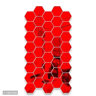 Spectro 40 Hexagon Mirror Wall Stickers, Mirror Stickers for Wall with 10 Butterflies Color : Red