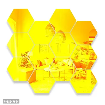 Spectro Big 12 Hexagon Black (Each Piece Size 17.3 cm x 15.2 cm) Mirror Stickers for Wall, Hexagon Mirror Wall Stickers Color : Golden