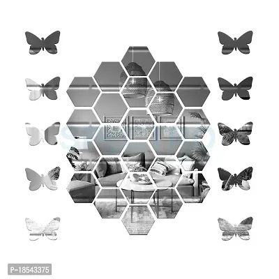Spectro Hexagon Mirror Stickers for Wall, Hexagon Mirror Wall Stickers, Acrylic Mirror Wall Decor Sticker, Hexagonal Mirror Wall Sticke, Kitchen with 10 Butterfly Stickers Pack of 20-thumb0