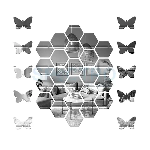 Spectro Hexagon Mirror Stickers for Wall, Hexagon Mirror Wall Stickers, Acrylic Mirror Wall Decor Sticker, Hexagonal Mirror Wall Sticke, Kitchen with 10 Butterfly Stickers Pack of 20