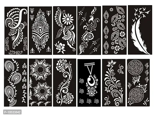 Outman Adhesive Stencils Template For Henna Tattoo, Body Art Painting Glitter, Airbrush Tattoo (PACk Of 12 Sheets)