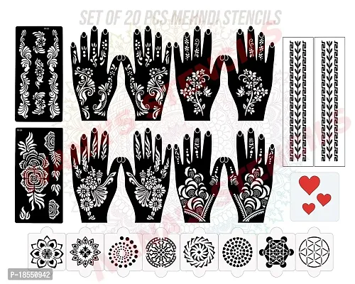 Ivana's Set of 20 Pcs Heena Tatto Stencil (10 Pcs Hand Stencil + 8 Pcs Hand Palm Stencil + 2 Pcs Hand Border), Heena Mehandi Sticker, Hand, Leg, Body for Women, Girls and Kids, Easy to Apply, D-2015