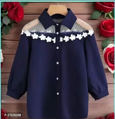 Trendy Navy Blue Crepe Shirt Style Top For Women