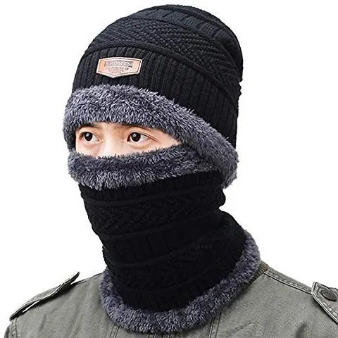 Brats N Beauty? Winter Beanie with Neck Scarf for Men and Women/Winter Cap/Beanie Cap Black Color