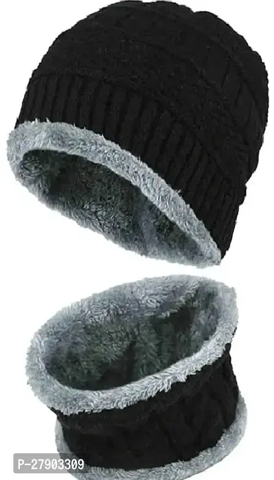 Stylish Black Woolen Muffler with Cap For Women And Men-thumb0