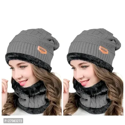 Stylish Grey Woolen Muffler with Cap For Women And Men- Pack Of 2