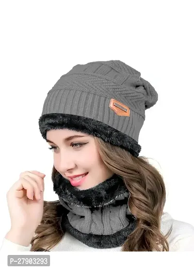 Stylish Grey Woolen Muffler with Cap For Women And Men-thumb0