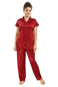 Premium Quality Plain Satin Nightsuit For Women/Shirt Pajama Set-thumb3