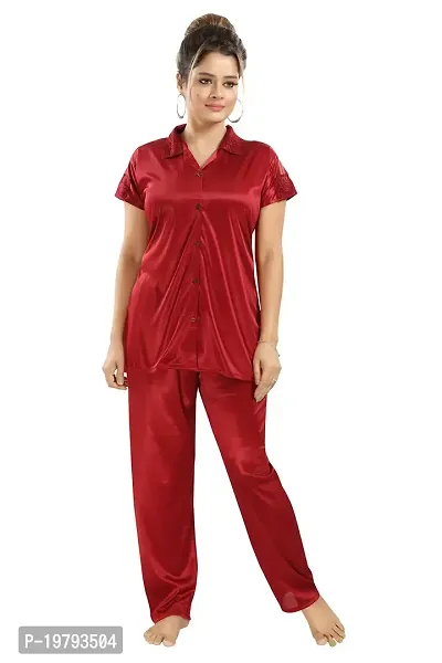 Premium Quality Plain Satin Nightsuit For Women/Shirt Pajama Set-thumb4