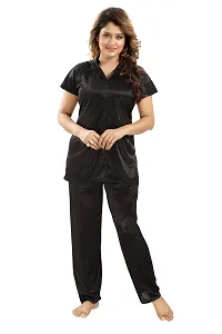 Premium Quality Plain Satin Nightsuit For Women/Shirt Pajama Set-thumb3