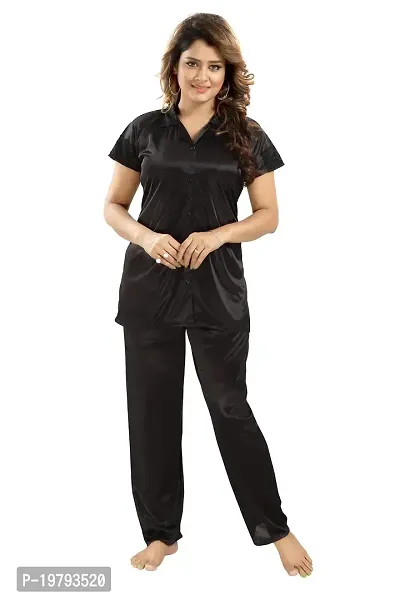 Premium Quality Plain Satin Nightsuit For Women/Shirt Pajama Set-thumb4