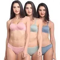 Pack of 3 Women Cotton Blend half cup Padded Bra and Mid Rise Panty Set - Pink, Green and Blue-thumb2