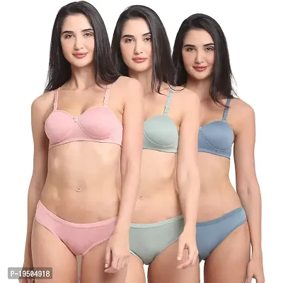 Pack of 3 Women Cotton Blend half cup Padded Bra and Mid Rise Panty Set - Pink, Green and Blue