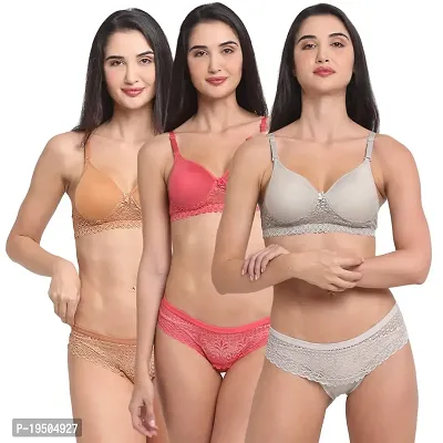 Pack of 3 Women Cotton Blend Full cup full coverage Padded Bra and Mid Rise Panty Set with lace- Grey, Pink, Brown