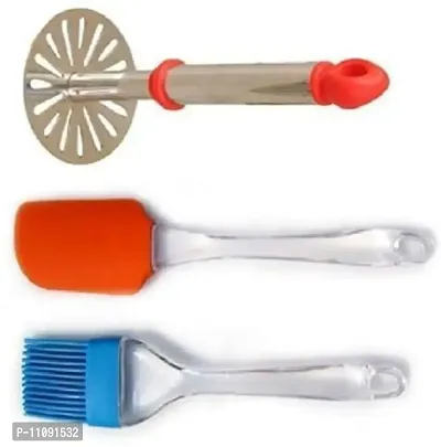 Kamview Combo of Silicone Spatula  Cooking Brush and Potato Pav Bhaji Masher Kitchen Tool Set (Pack of 3, Multicolour)