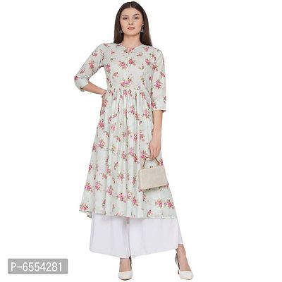 Rose Printed A-Line Gathered Kurta with Straight Sleeves
