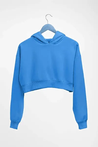 Women Plain Crop Hoodie Sweatshirt (Teal Blue)