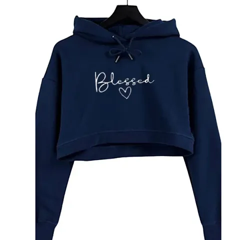 Women BLESSED Crop Hoodie Sweatshirt (Blue)