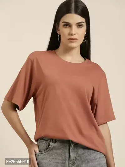 Women Solid Plain Round Neck Half Oversize Casual T-Shirt-thumb0