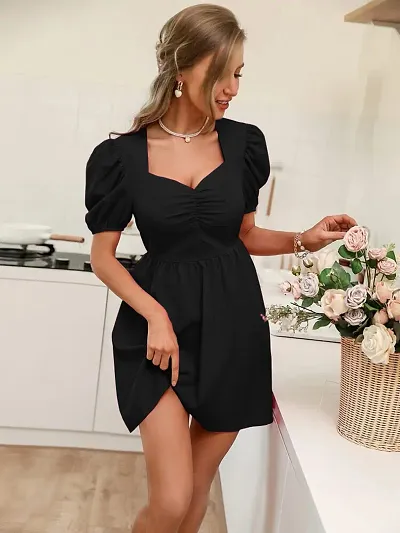 Sweetheart Neck Ruched Puff Sleeve A-Line Short Mini Dress