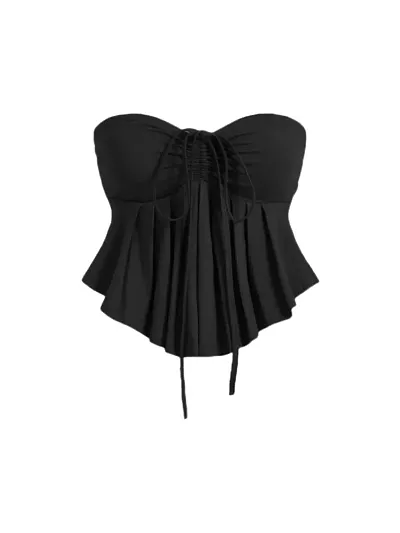 Drawstring Front Off-Shoulder Ruffle Hem Tube Top