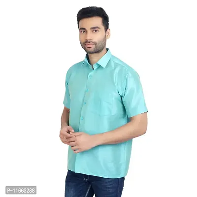 ETHAZH Mens Halfsleeve Silk Shirt Cyan Blue-thumb3