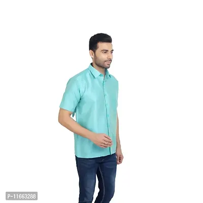 ETHAZH Mens Halfsleeve Silk Shirt Cyan Blue-thumb5