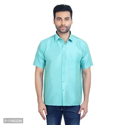 ETHAZH Mens Halfsleeve Silk Shirt Cyan Blue-thumb2