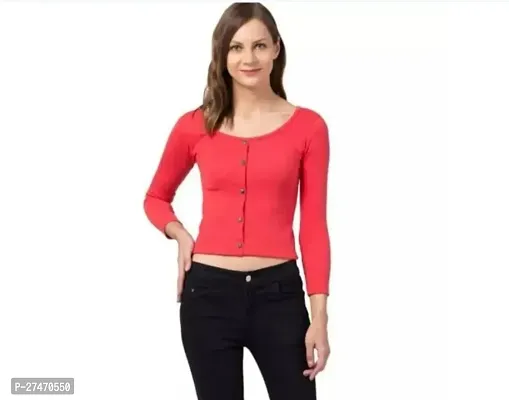 Stylish Red Lycra Frount Botton Full Sleeves Top For Women-thumb0