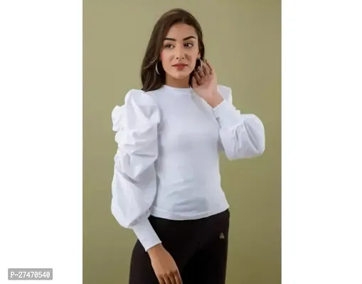 Stylish White Lycra Full Sleeve Puff Top For Women-thumb0