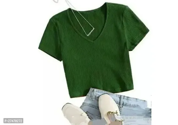 Stylish Green Lycra V Neck Crop Top For  Women-thumb0